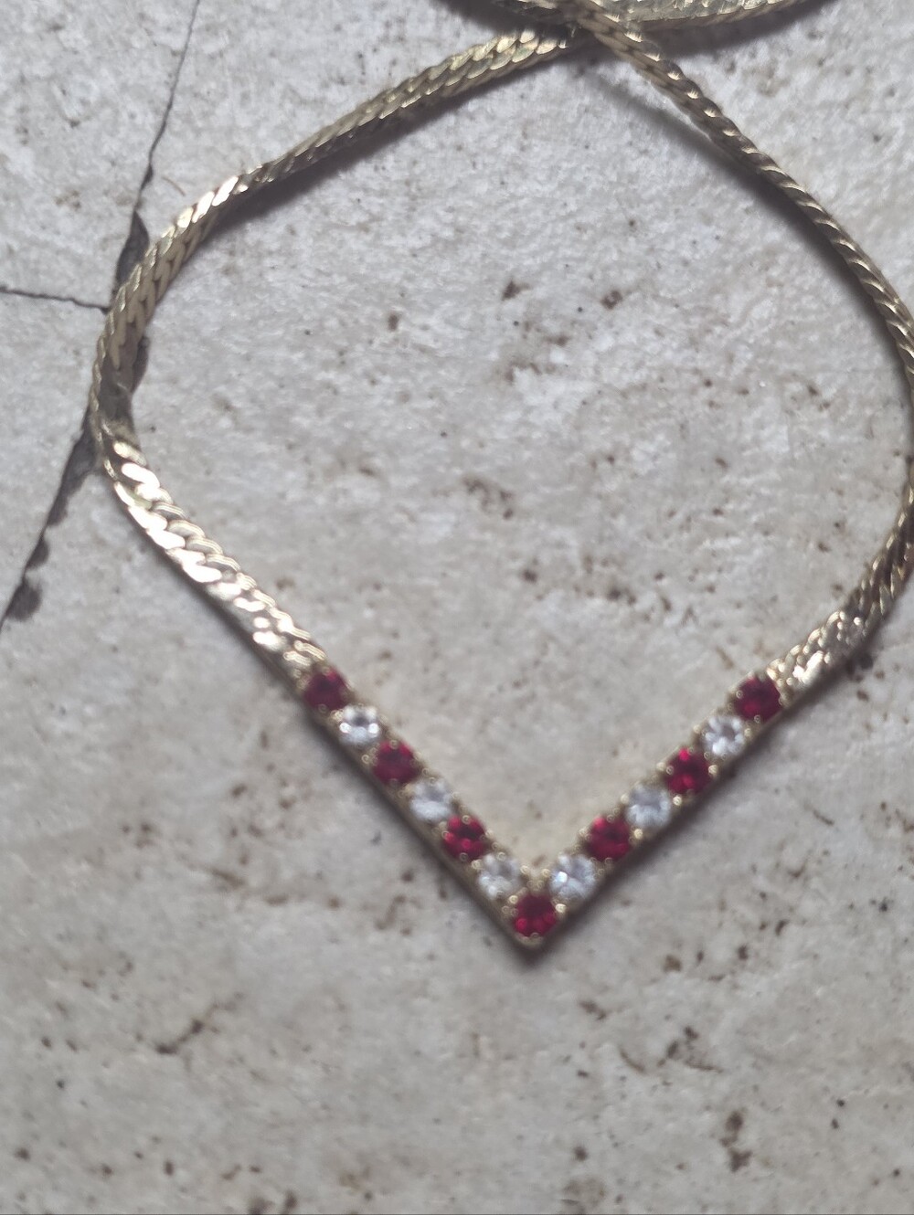 Vintage 1982 Avon Simulated Ruby & Crystal Gold Tone V Necklace 16"